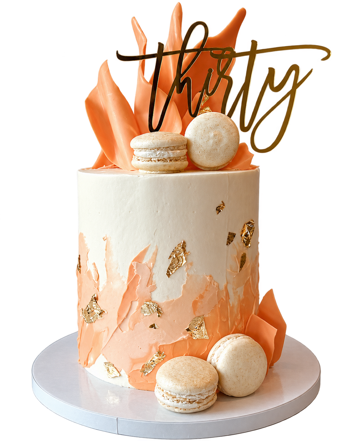Complete peach and gold birthday cake with a Thirty topper