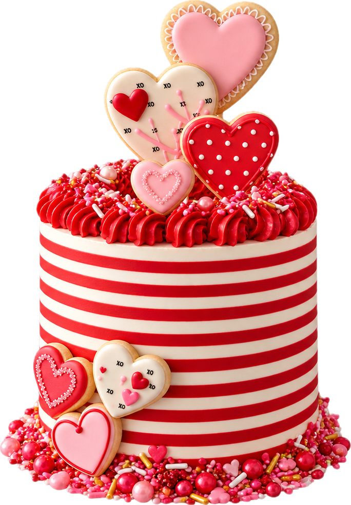Heart cookies decorating a striped cake