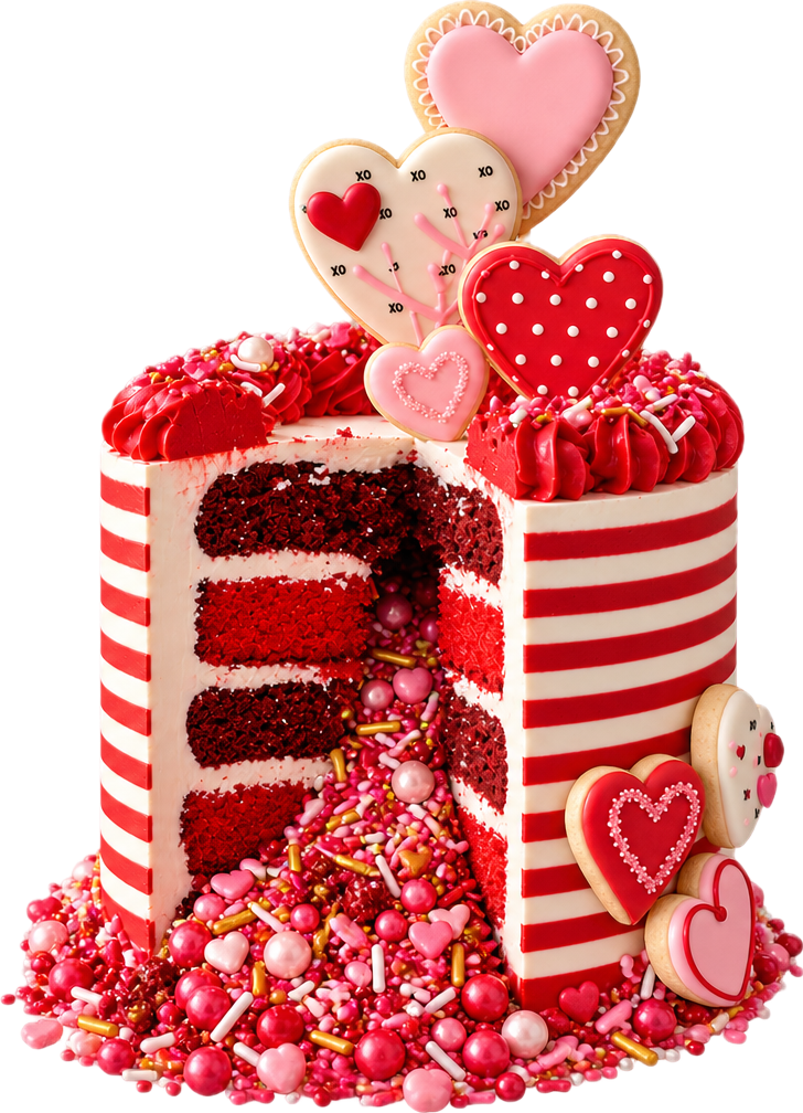 Valentine cake with a slice removed revealing red layers and candy filling